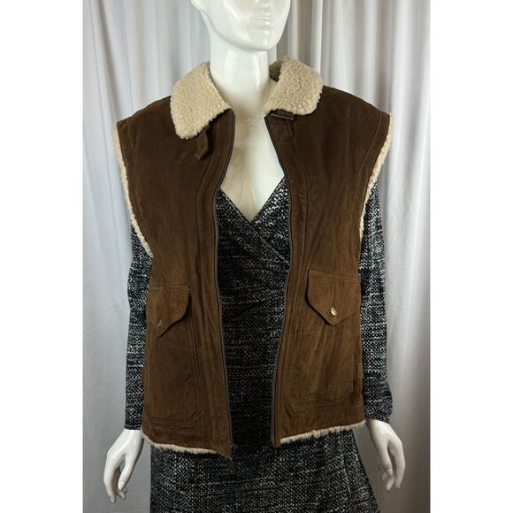 Express Genuine Pig Split Suede Faux Shearling Vest Brown M cold weather 64-11￼ - Picture 1 of 16